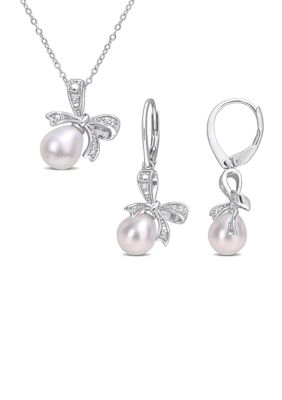 Belk & Co 7.5-8 and 8.5-9MM Cultured Freshwater Pearl and Diamond Accent Bow Leverback Earrings and Pendant with Chain in Sterling Silver, White