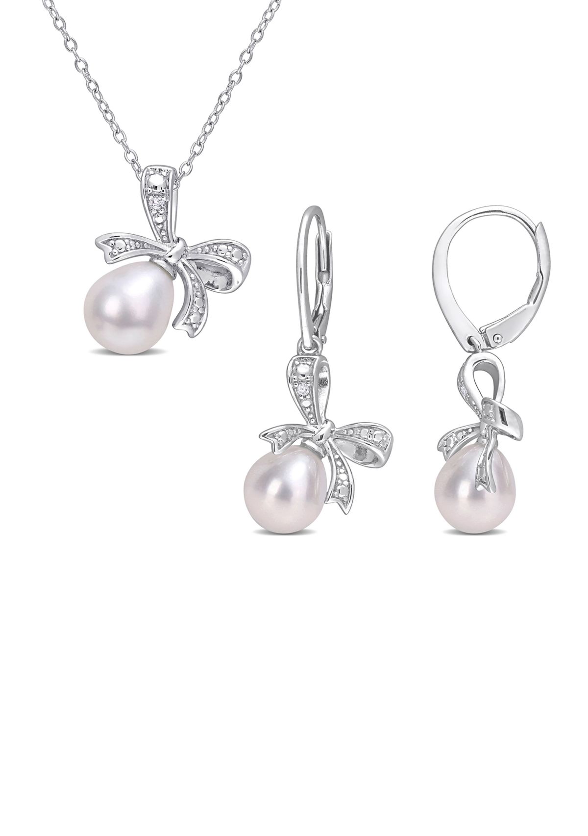 7.5-8 and 8.5-9MM Cultured Freshwater Pearl and Diamond Accent Bow Leverback Earrings and Pendant with Chain in Sterling Silver
