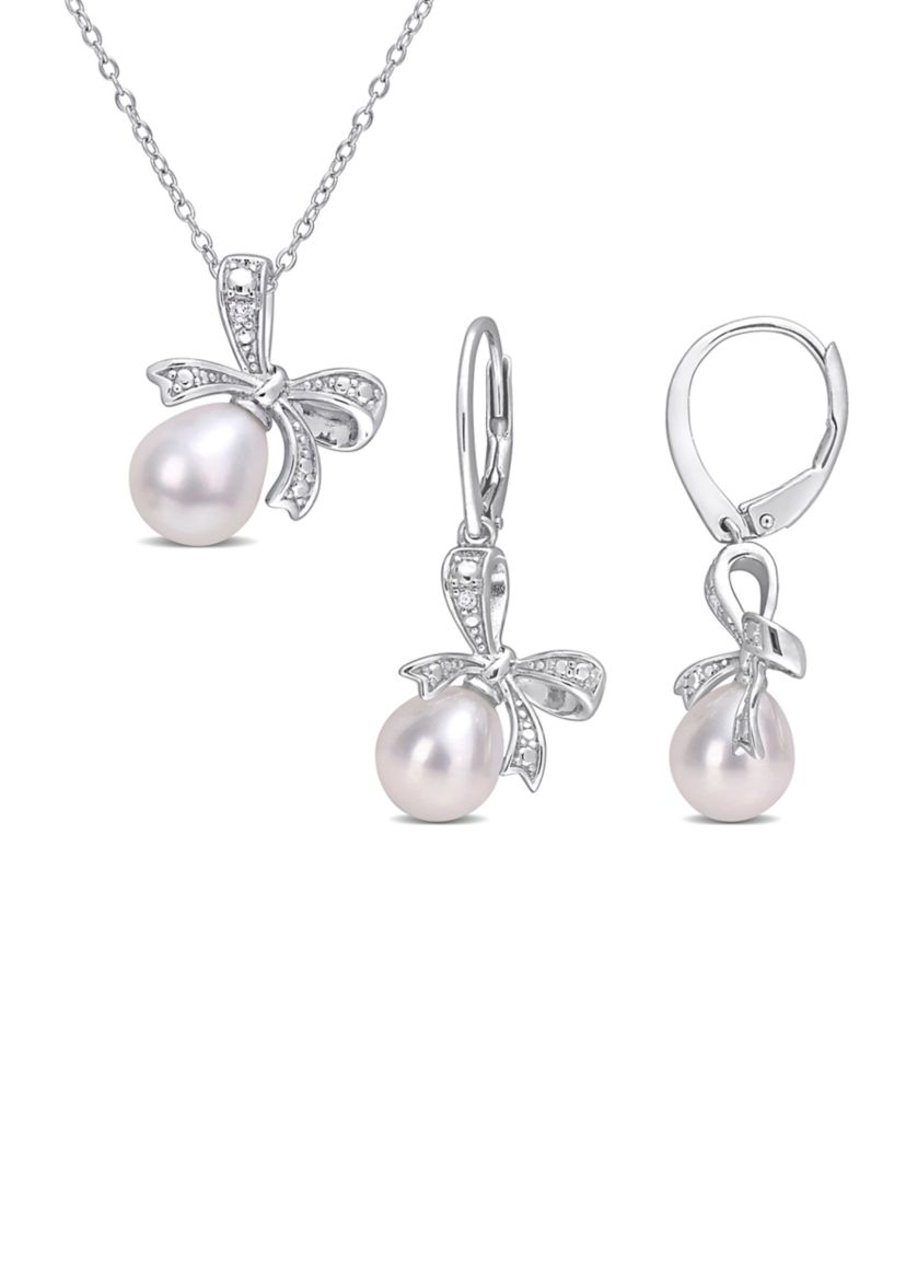 7.5-8 and 8.5-9MM Cultured Freshwater Pearl and Diamond Accent Bow Leverback Earrings and Pendant with Chain in Sterling Silver