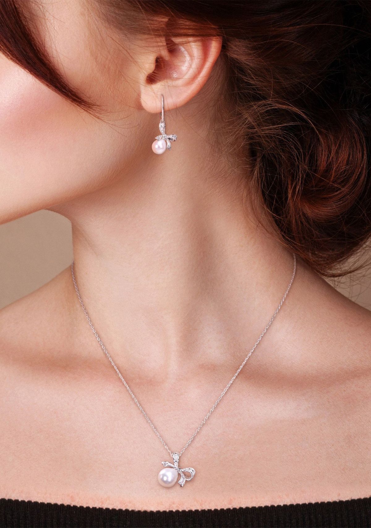 7.5-8 and 8.5-9MM Cultured Freshwater Pearl and Diamond Accent Bow Leverback Earrings and Pendant with Chain in Sterling Silver