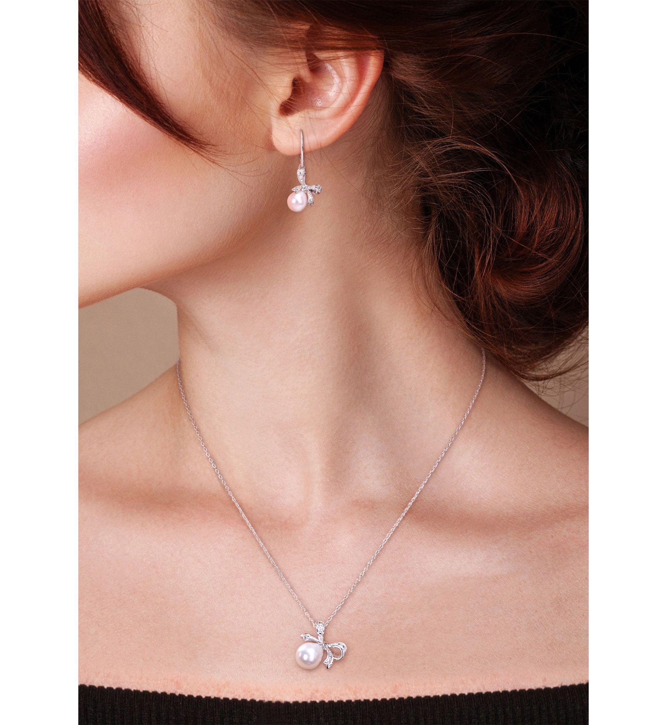 7.5-8 and 8.5-9MM Cultured Freshwater Pearl and Diamond Accent Bow Leverback Earrings and Pendant with Chain in Sterling Silver