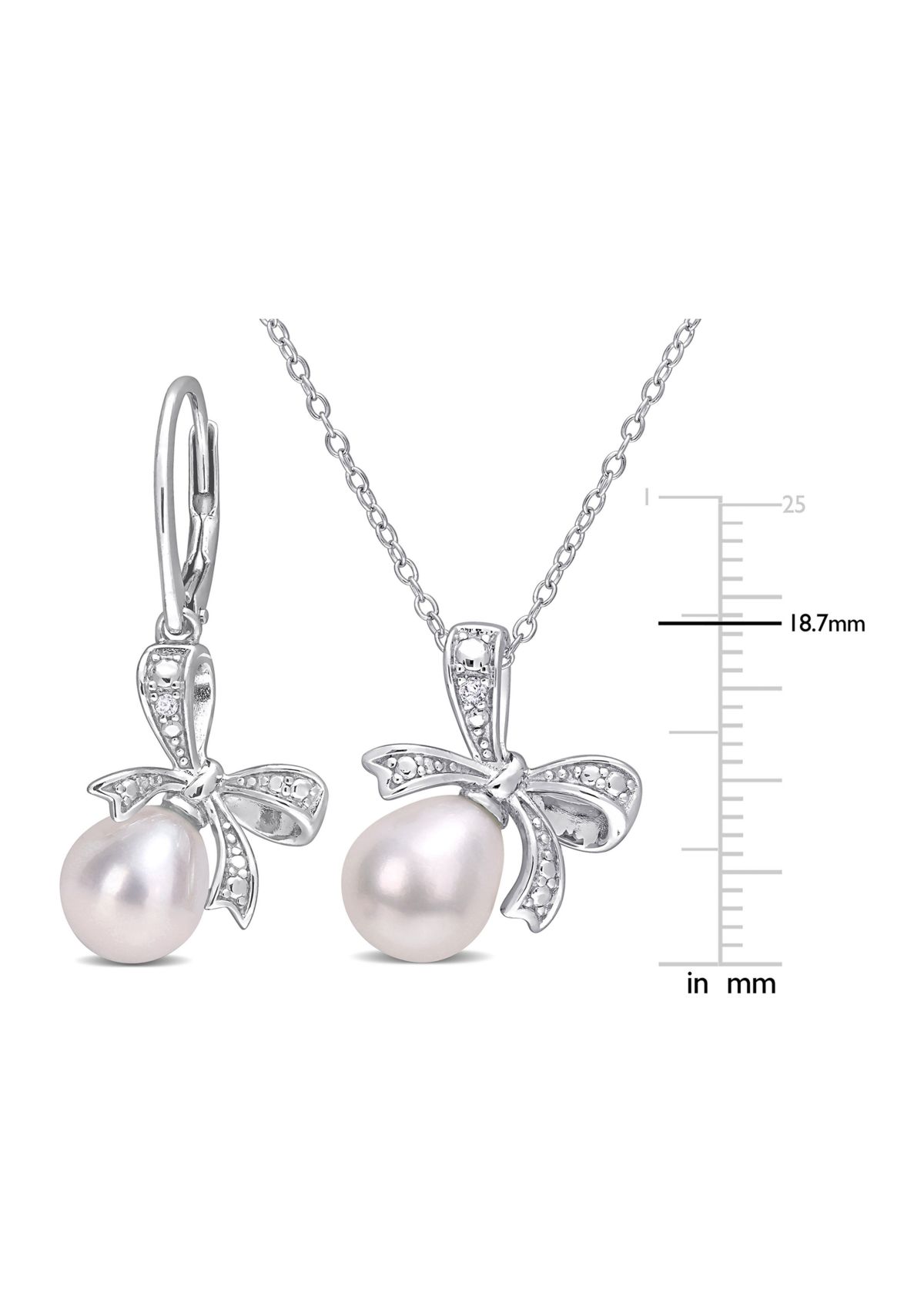 7.5-8 and 8.5-9MM Cultured Freshwater Pearl and Diamond Accent Bow Leverback Earrings and Pendant with Chain in Sterling Silver