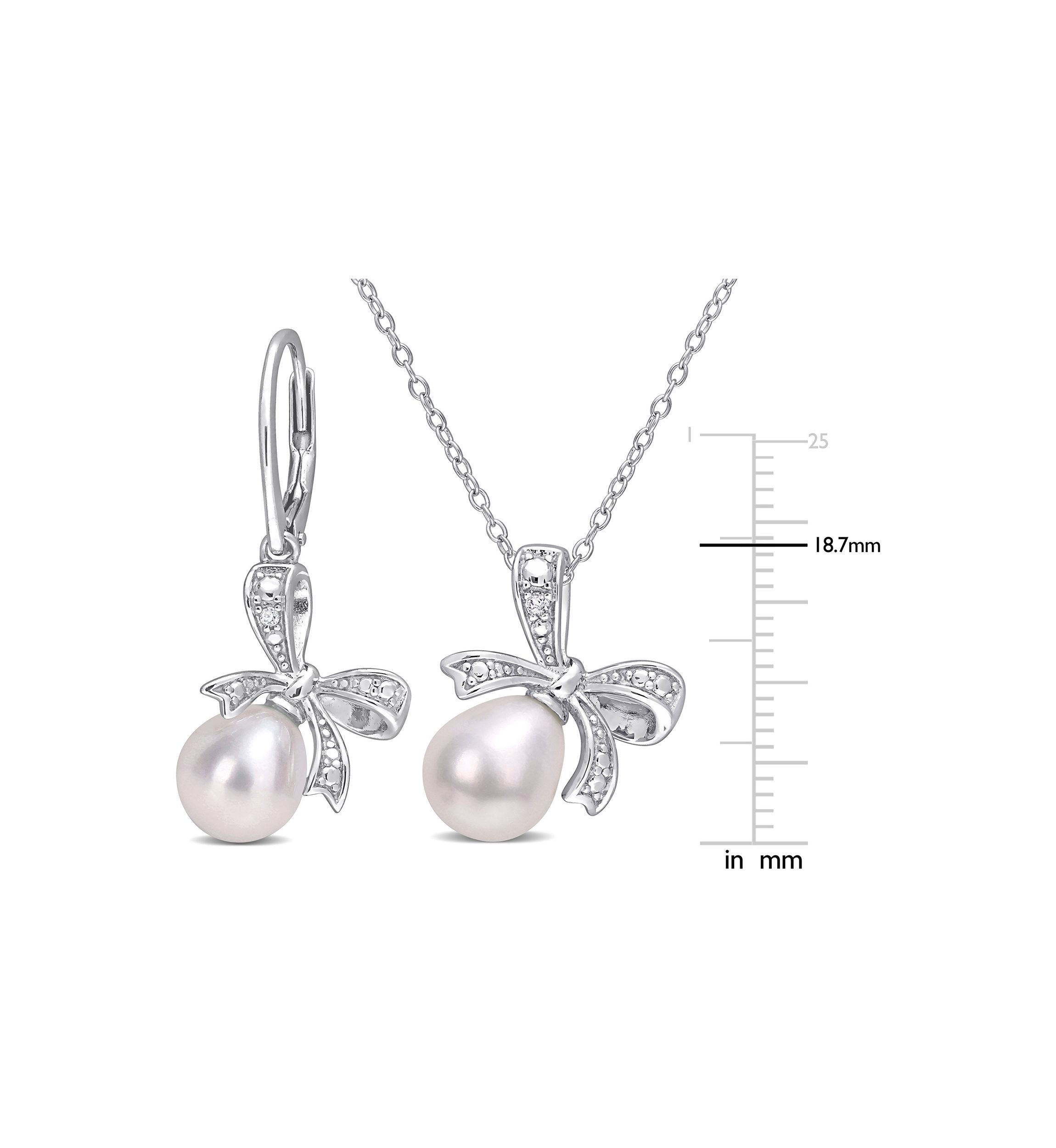 7.5-8 and 8.5-9MM Cultured Freshwater Pearl and Diamond Accent Bow Leverback Earrings and Pendant with Chain in Sterling Silver