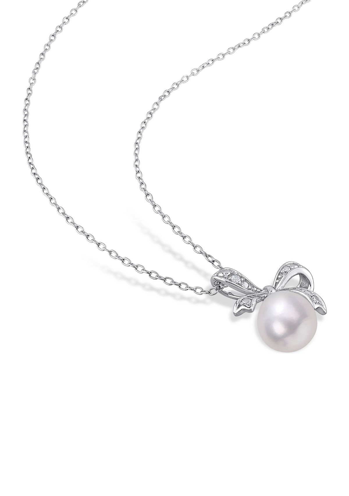7.5-8 and 8.5-9MM Cultured Freshwater Pearl and Diamond Accent Bow Leverback Earrings and Pendant with Chain in Sterling Silver