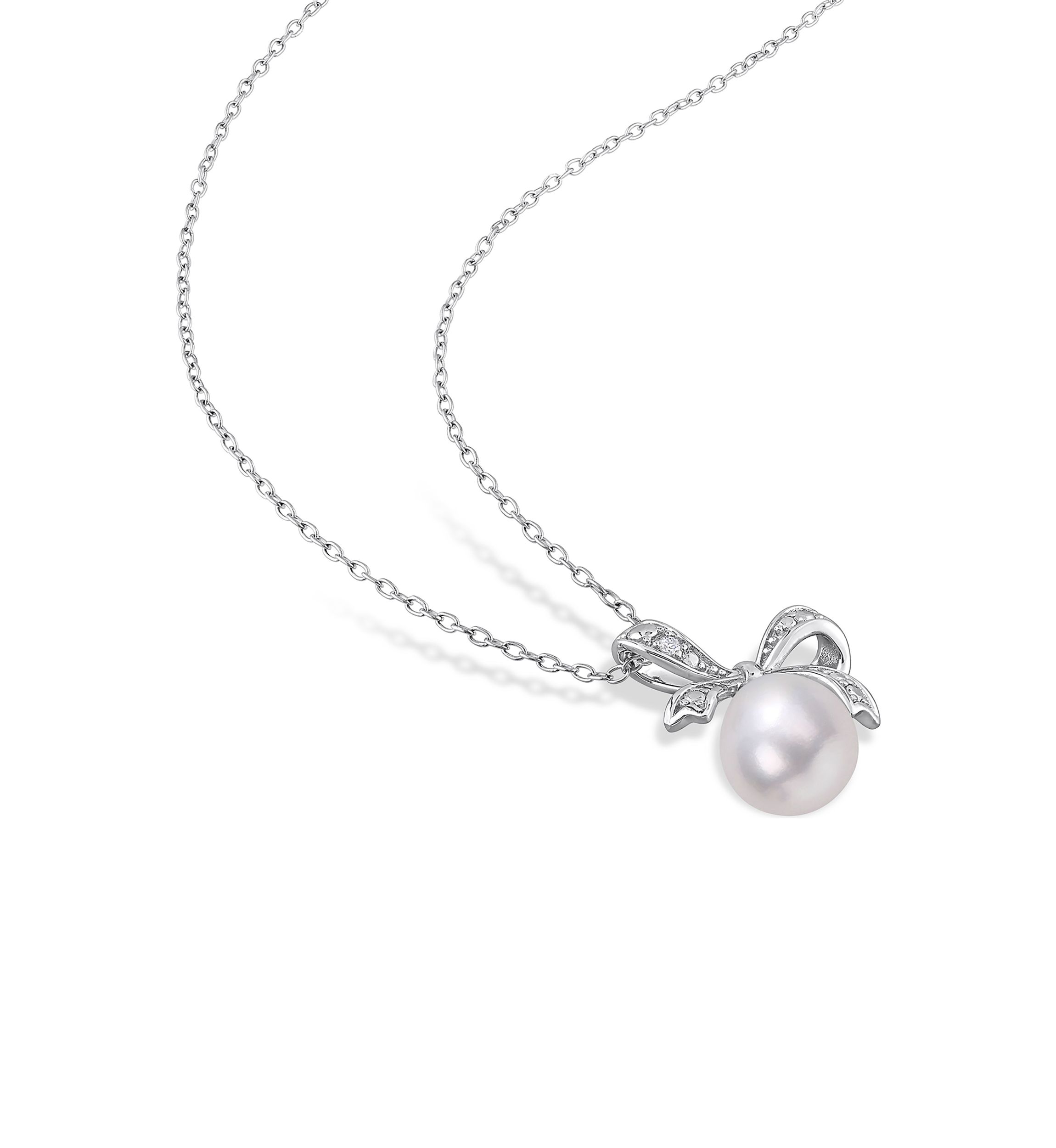 7.5-8 and 8.5-9MM Cultured Freshwater Pearl and Diamond Accent Bow Leverback Earrings and Pendant with Chain in Sterling Silver
