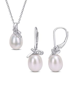 Belk & Co 7.5-8 and 8.5-9 MM Cultured Freshwater Pearl and Diamond Accent Leverback Earrings and Pendant with Chain 2-Piece Set in Sterling Silver