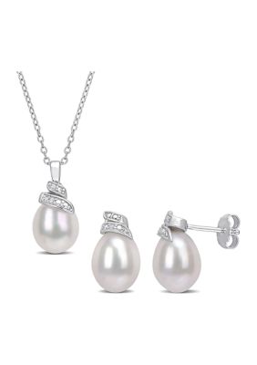 Belk & Co 6.5-7 MM White Freshwater Cultured Pearl and Diamond Accent Swirl Earrings and Pendant Set in Sterling Silver