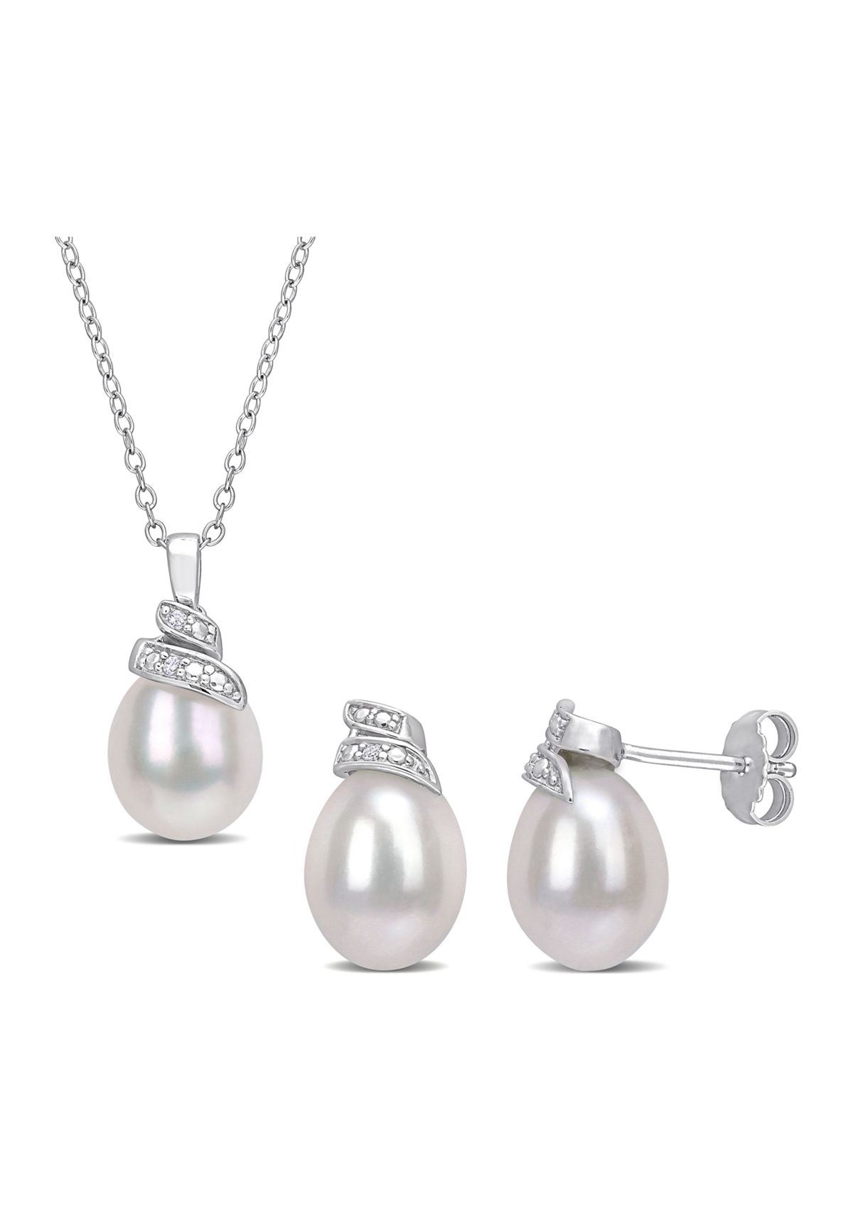 6.5-7 MM White Freshwater Cultured Pearl and Diamond Accent Swirl Earrings and Pendant Set in Sterling Silver