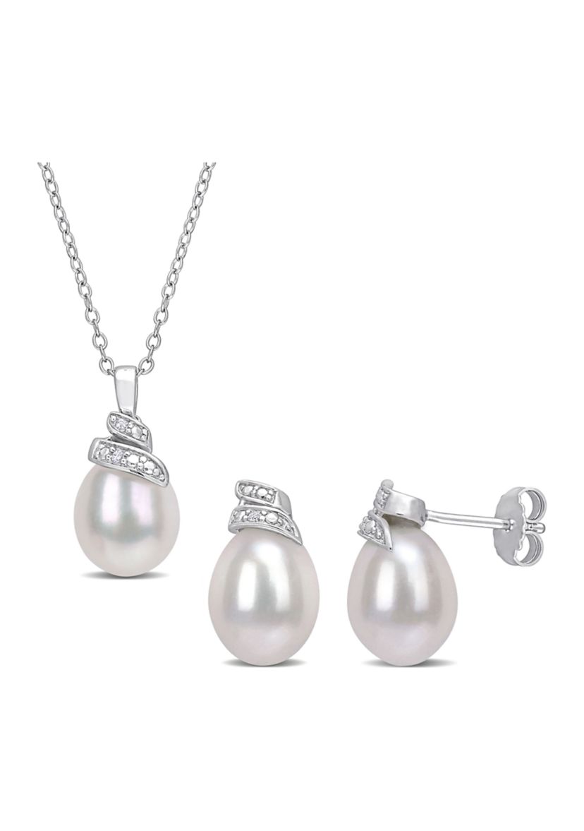6.5-7 MM White Freshwater Cultured Pearl and Diamond Accent Swirl Earrings and Pendant Set in Sterling Silver