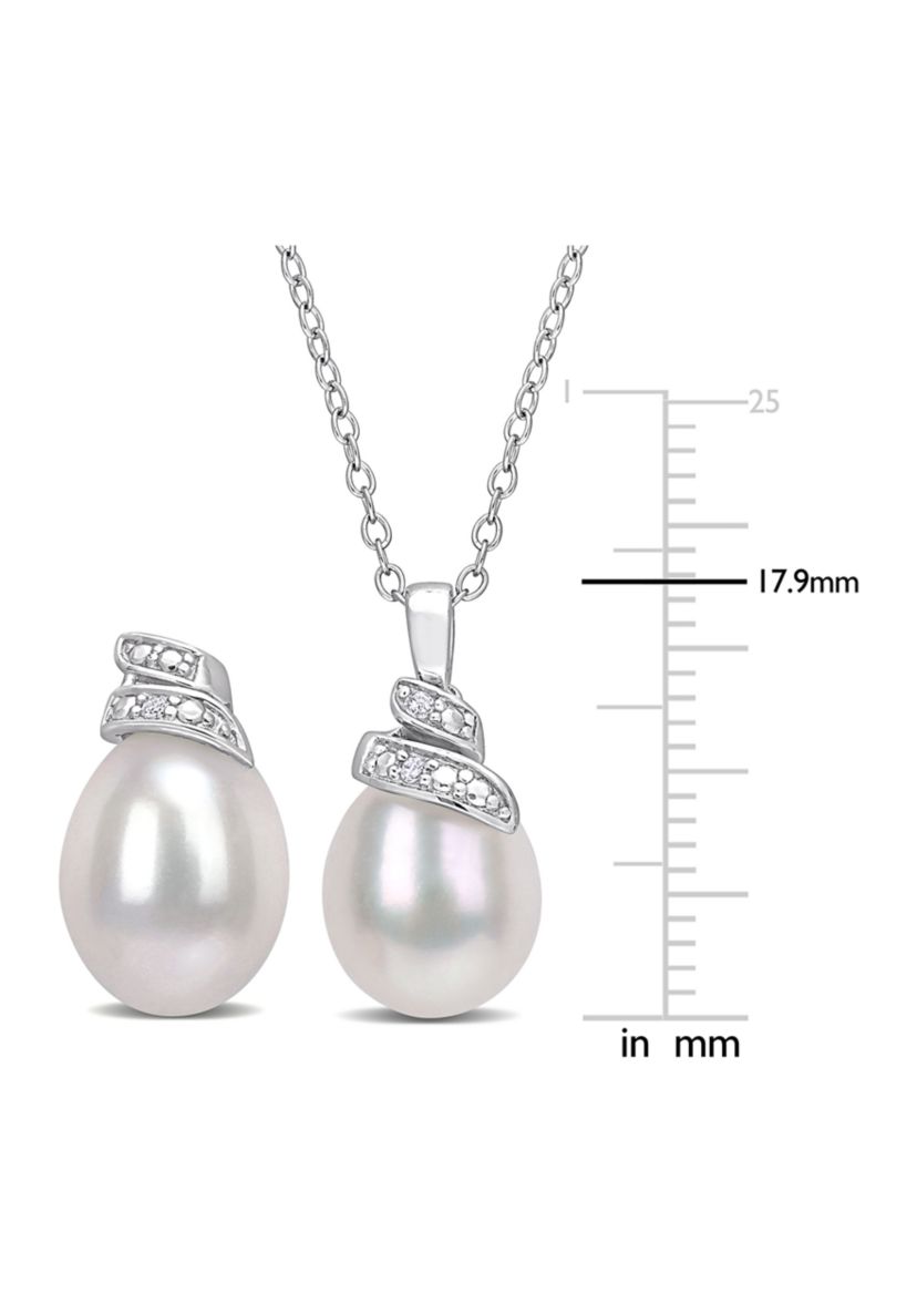 6.5-7 MM White Freshwater Cultured Pearl and Diamond Accent Swirl Earrings and Pendant Set in Sterling Silver