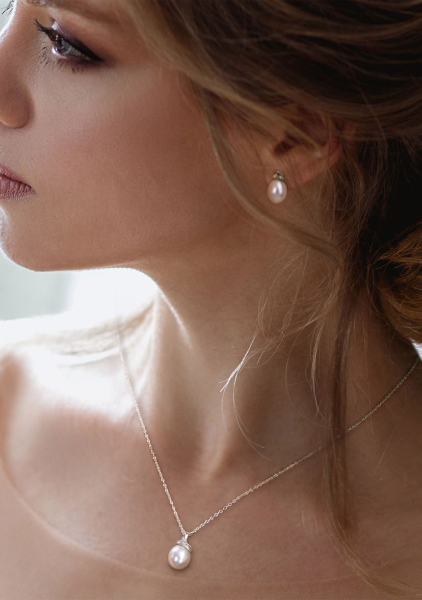 6.5-7 MM White Freshwater Cultured Pearl and Diamond Accent Swirl Earrings and Pendant Set in Sterling Silver