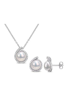 Belk & Co 8-8.5mm Freshwater Cultured Pearl and Diamond Accent Halo Stud Earrings and Pendant with Chain in Sterling Silver, White