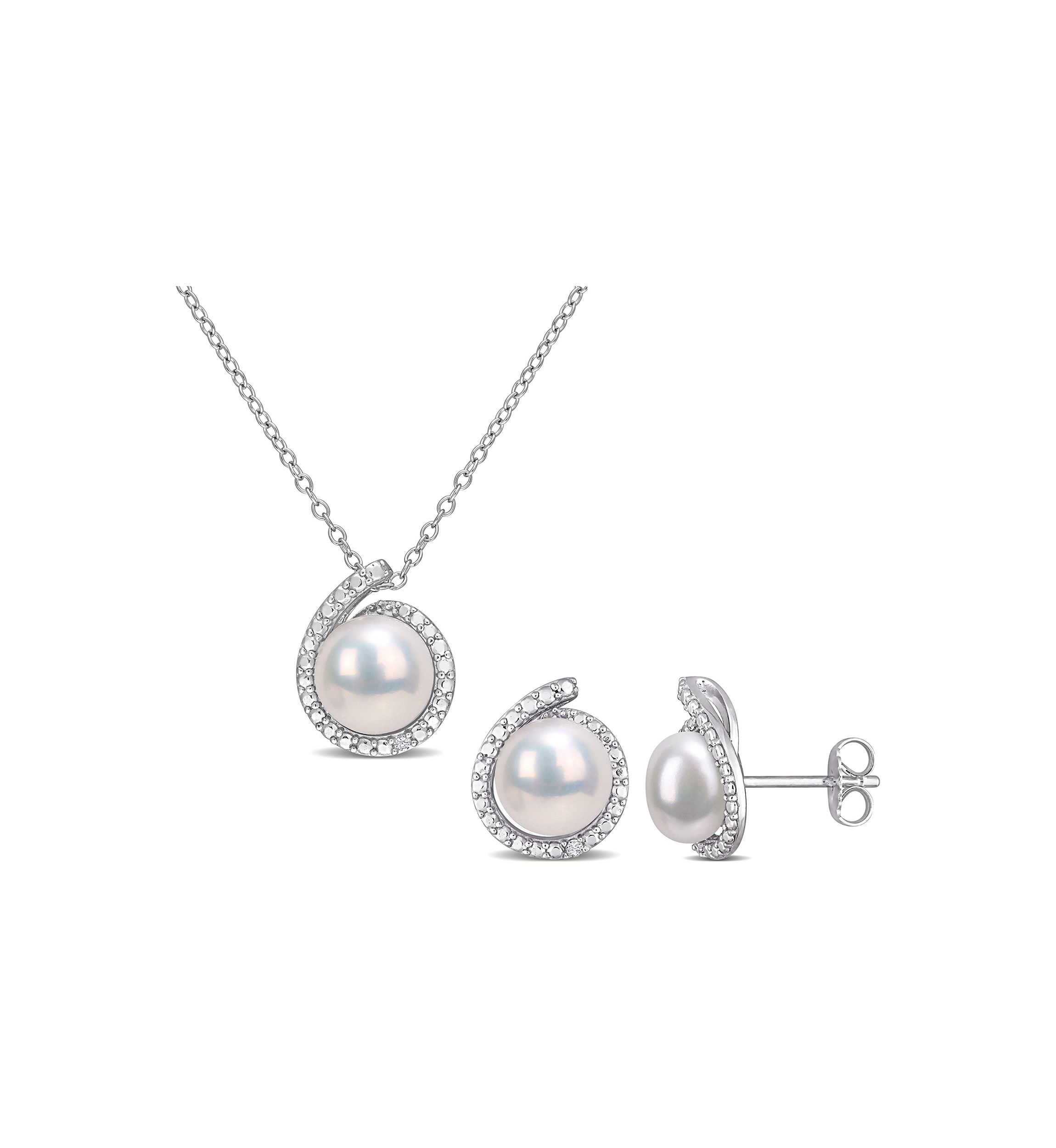 8-8.5mm Freshwater Cultured Pearl and Diamond Accent Halo Stud Earrings and Pendant with Chain in Sterling Silver