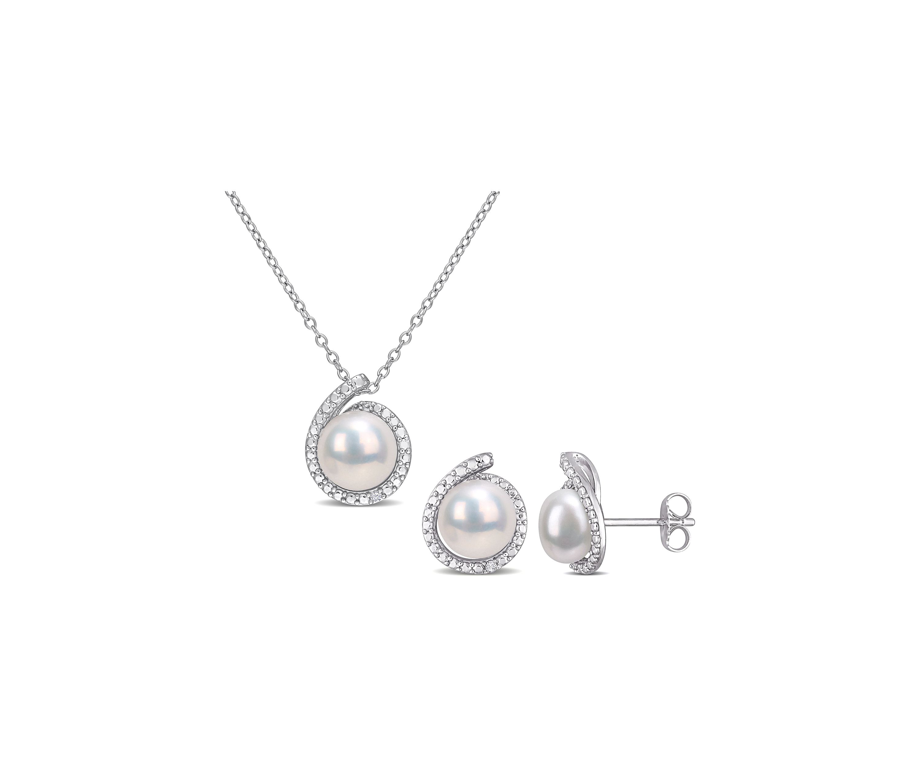 8-8.5mm Freshwater Cultured Pearl and Diamond Accent Halo Stud Earrings and Pendant with Chain in Sterling Silver