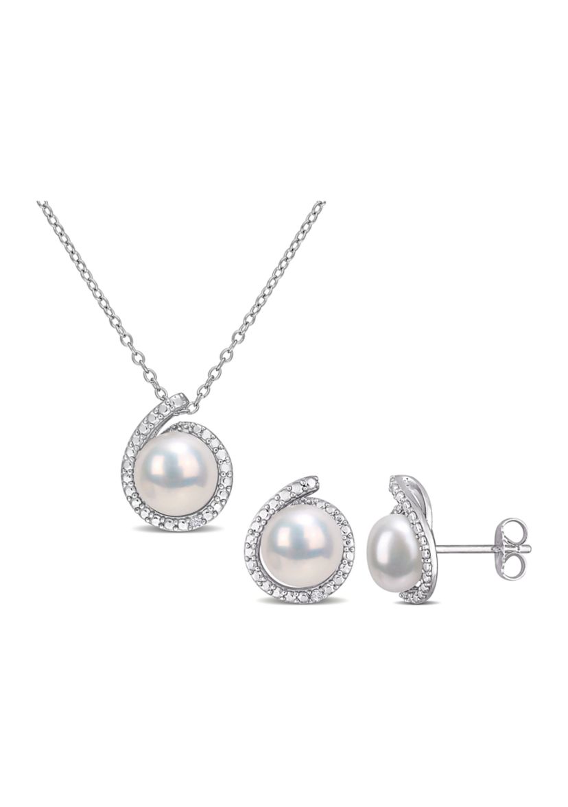 8-8.5mm Freshwater Cultured Pearl and Diamond Accent Halo Stud Earrings and Pendant with Chain in Sterling Silver