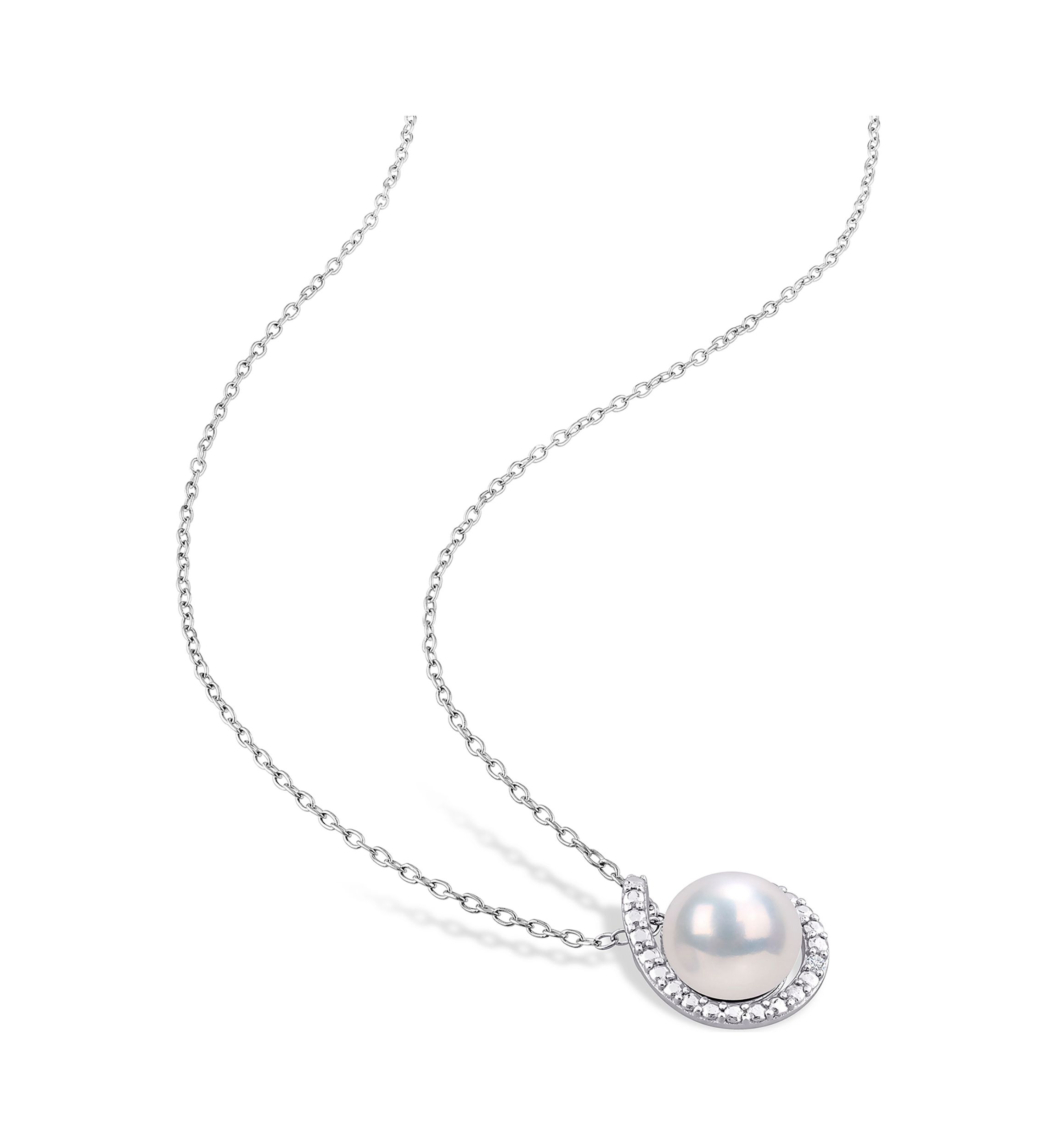 8-8.5mm Freshwater Cultured Pearl and Diamond Accent Halo Stud Earrings and Pendant with Chain in Sterling Silver