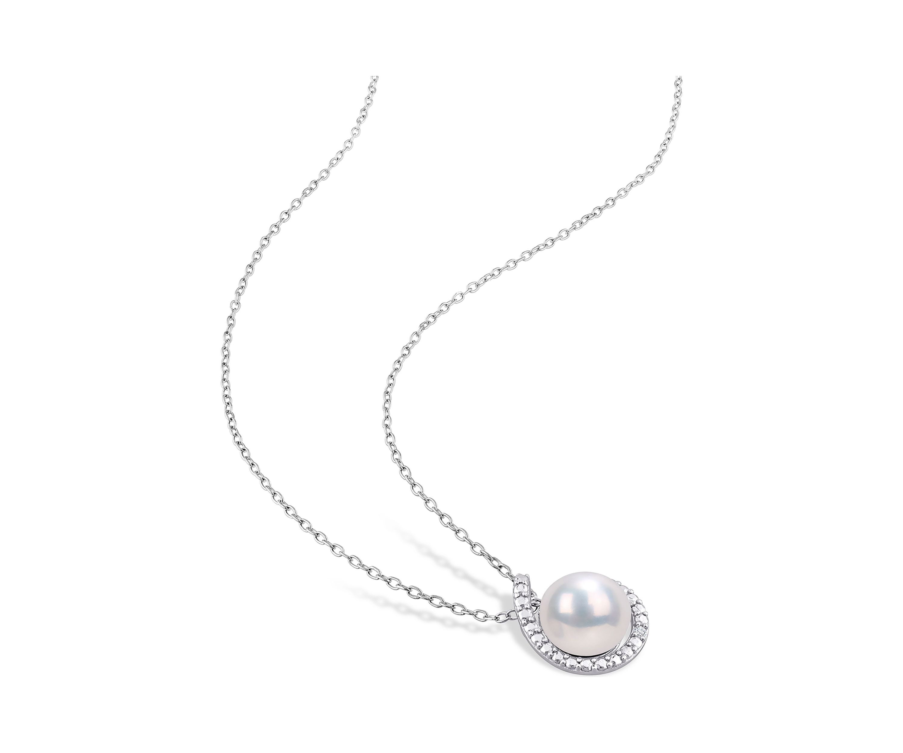 8-8.5mm Freshwater Cultured Pearl and Diamond Accent Halo Stud Earrings and Pendant with Chain in Sterling Silver