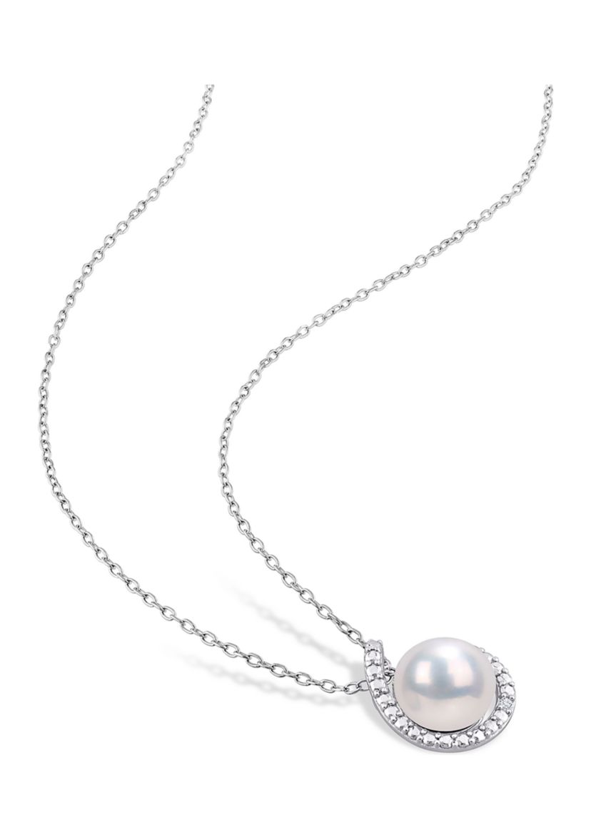 8-8.5mm Freshwater Cultured Pearl and Diamond Accent Halo Stud Earrings and Pendant with Chain in Sterling Silver