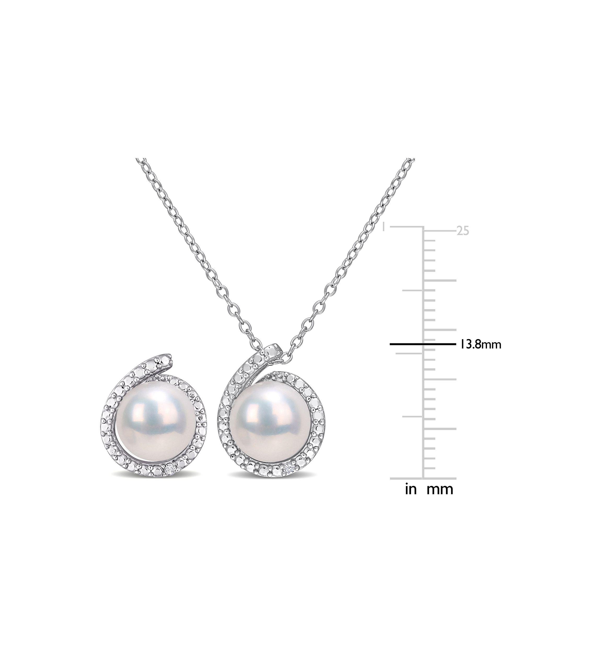 8-8.5mm Freshwater Cultured Pearl and Diamond Accent Halo Stud Earrings and Pendant with Chain in Sterling Silver