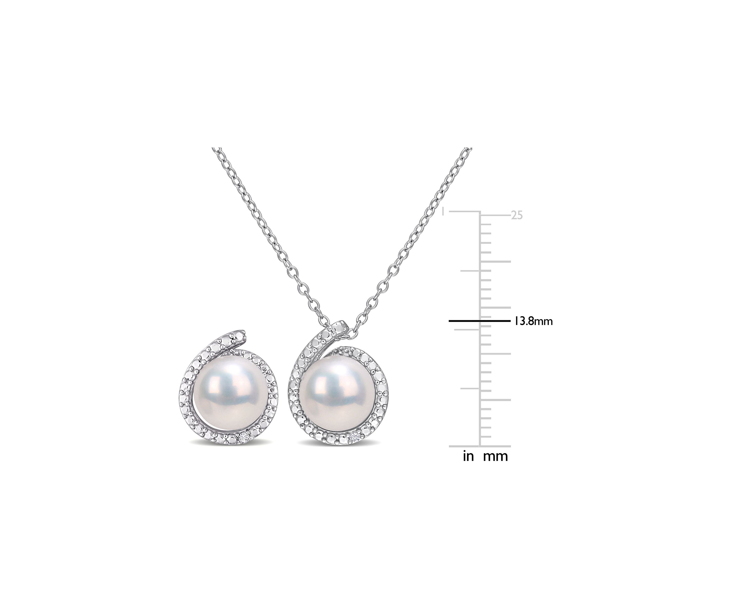 8-8.5mm Freshwater Cultured Pearl and Diamond Accent Halo Stud Earrings and Pendant with Chain in Sterling Silver