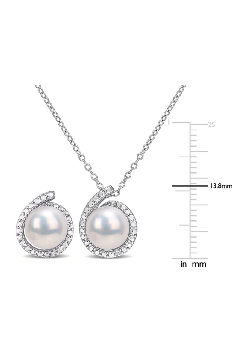 8-8.5mm Freshwater Cultured Pearl and Diamond Accent Halo Stud Earrings and Pendant with Chain in Sterling Silver