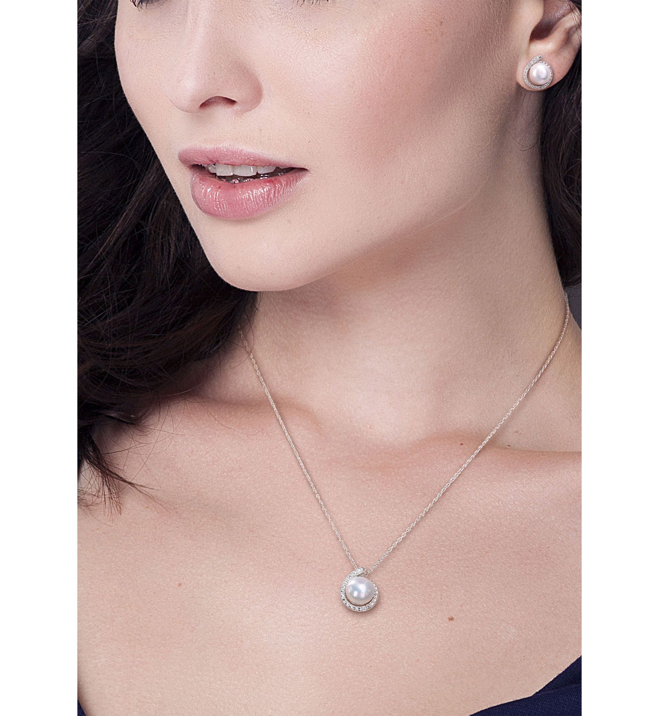 8-8.5mm Freshwater Cultured Pearl and Diamond Accent Halo Stud Earrings and Pendant with Chain in Sterling Silver