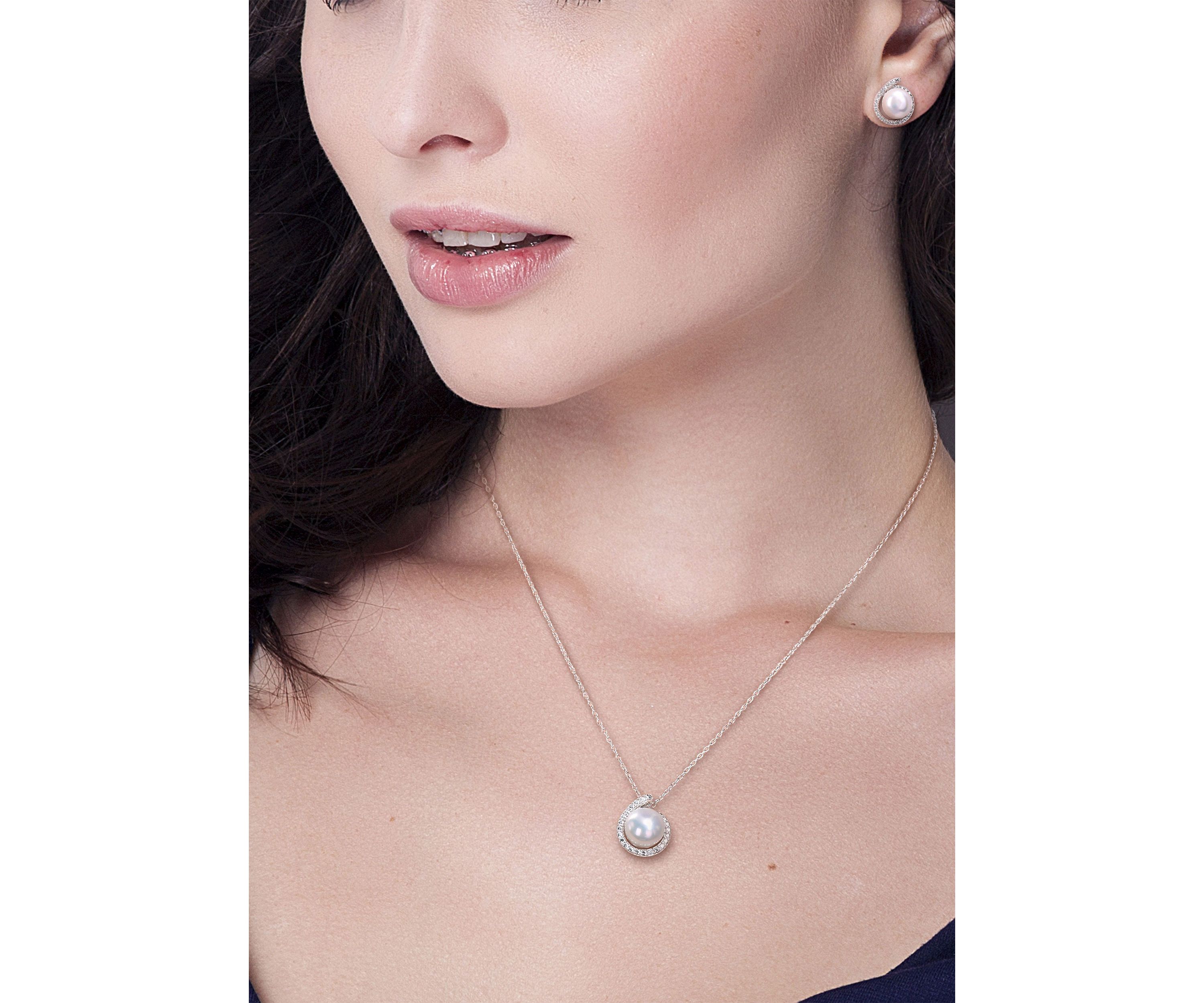 8-8.5mm Freshwater Cultured Pearl and Diamond Accent Halo Stud Earrings and Pendant with Chain in Sterling Silver
