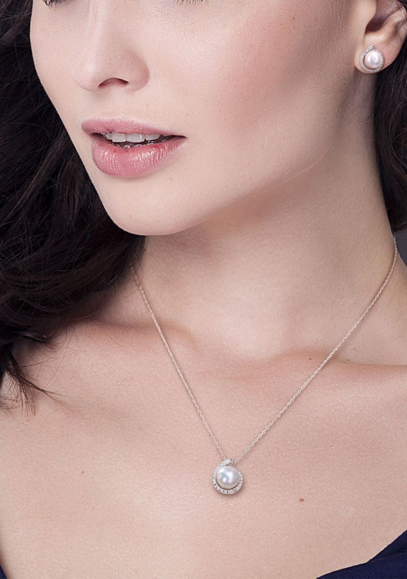 8-8.5mm Freshwater Cultured Pearl and Diamond Accent Halo Stud Earrings and Pendant with Chain in Sterling Silver