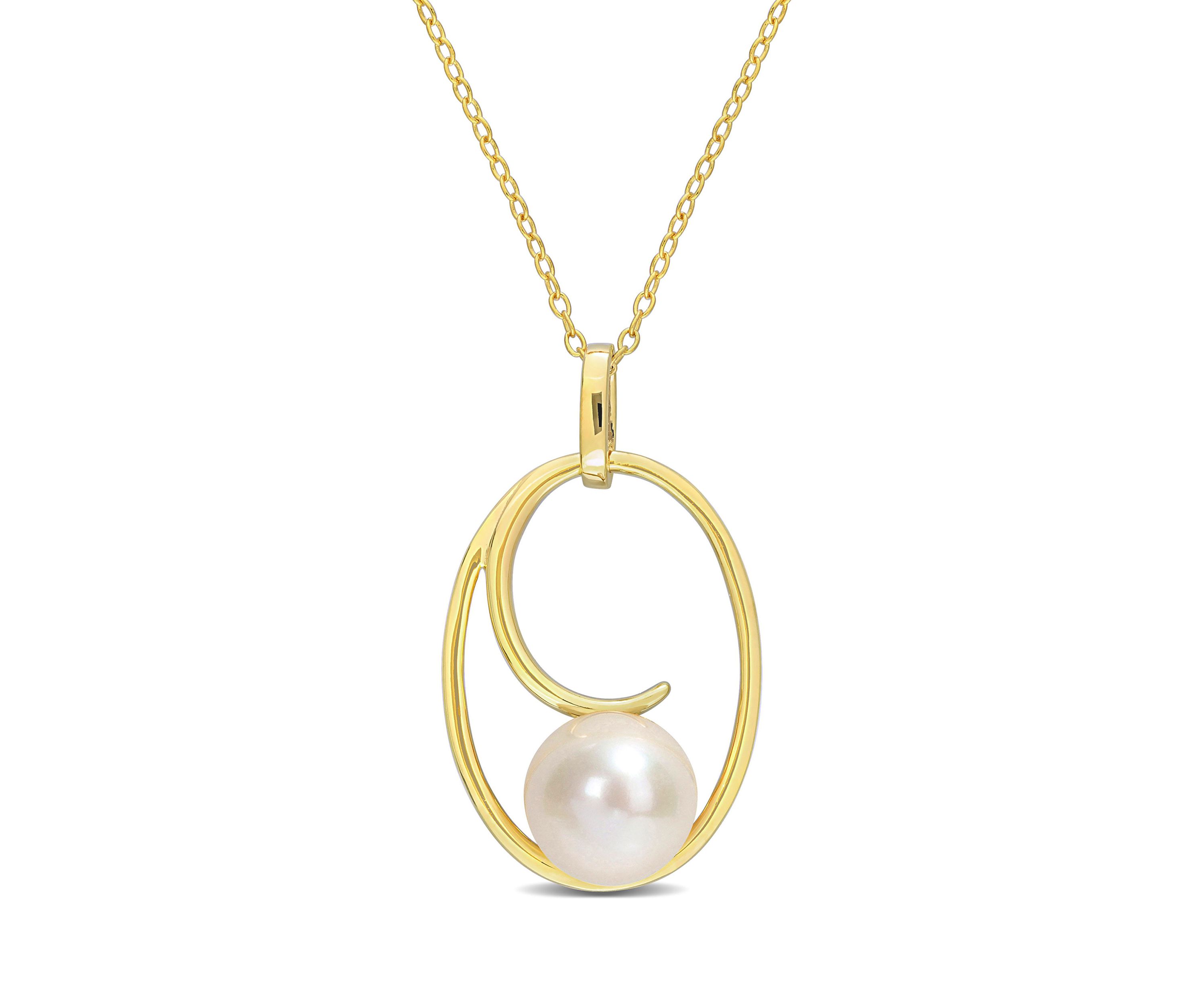 9.5-10mm Cultured Freshwater Pearl Geometric Pendant with Chain in 18k Yellow Gold Plated Sterling Silver