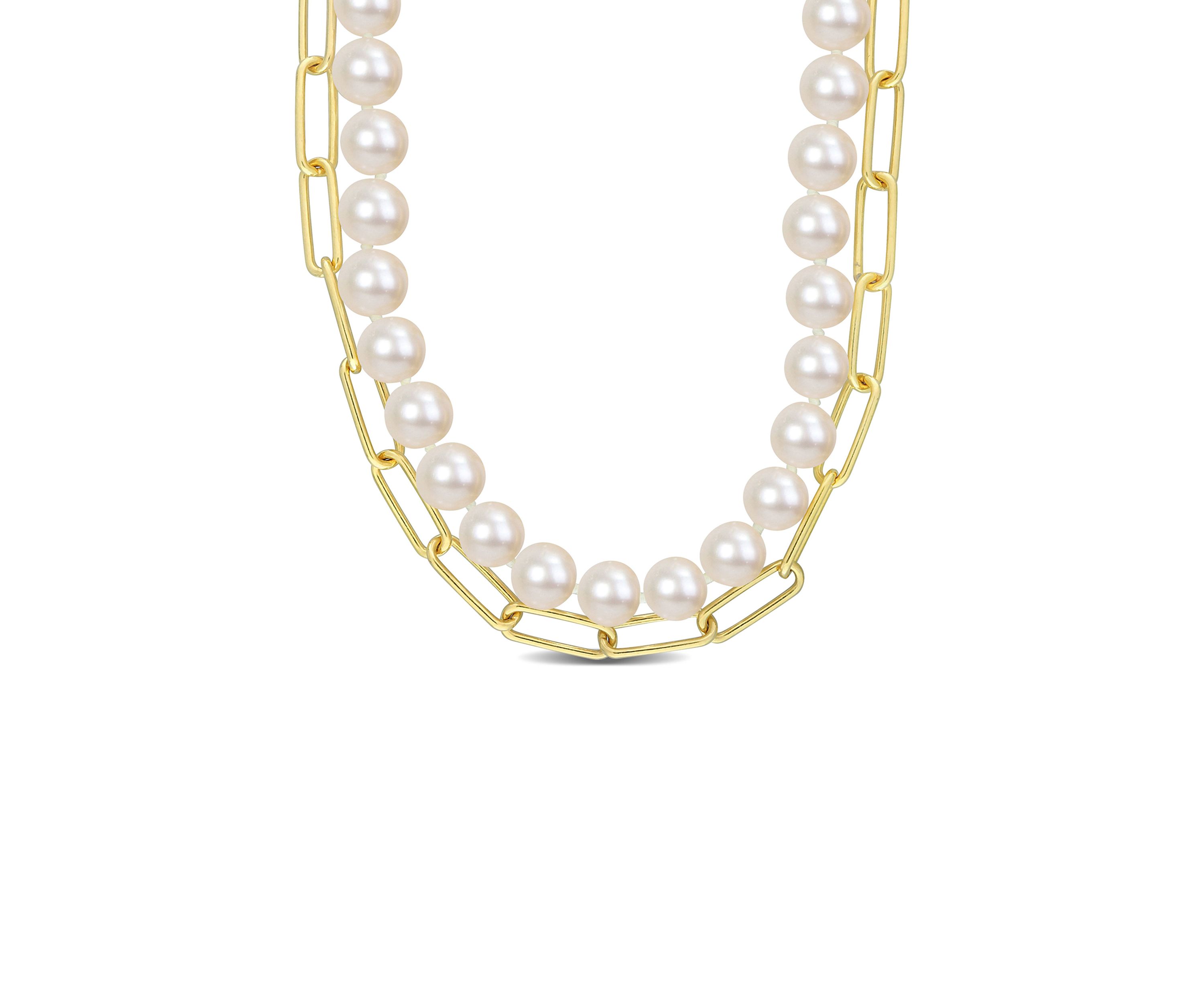 7-7.5 MM Cultured Freshwater Pearl and 5 MM Link Chain Layered Necklace in 18k Gold Plated Sterling Silver