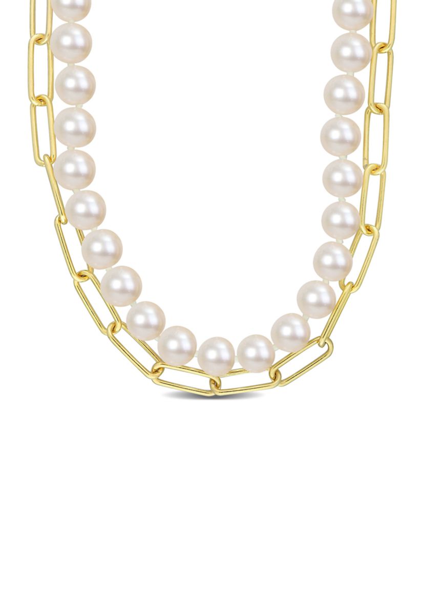 7-7.5 MM Cultured Freshwater Pearl and 5 MM Link Chain Layered Necklace in 18k Gold Plated Sterling Silver