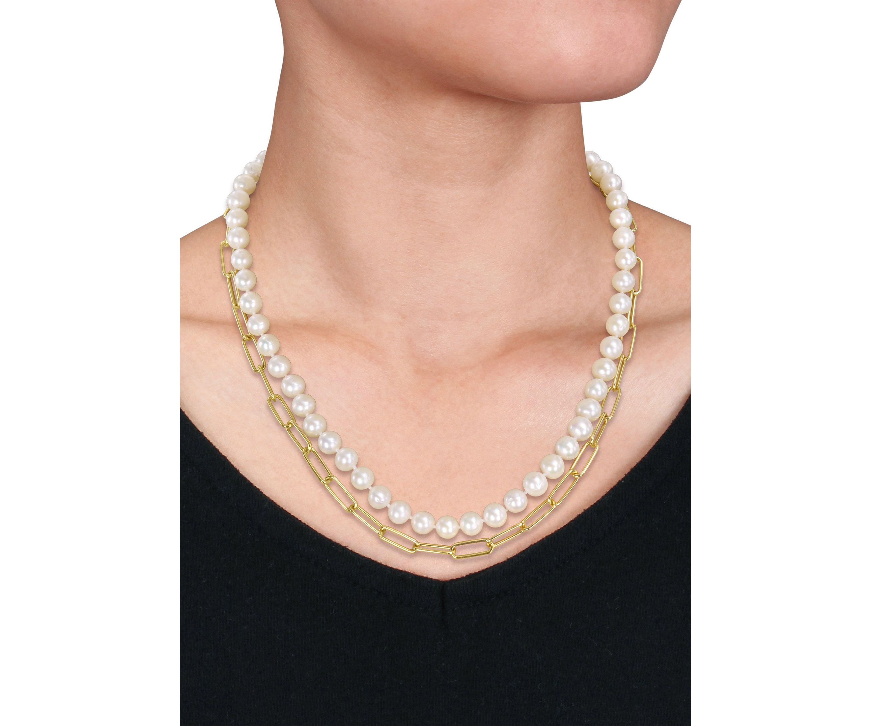7-7.5 MM Cultured Freshwater Pearl and 5 MM Link Chain Layered Necklace in 18k Gold Plated Sterling Silver