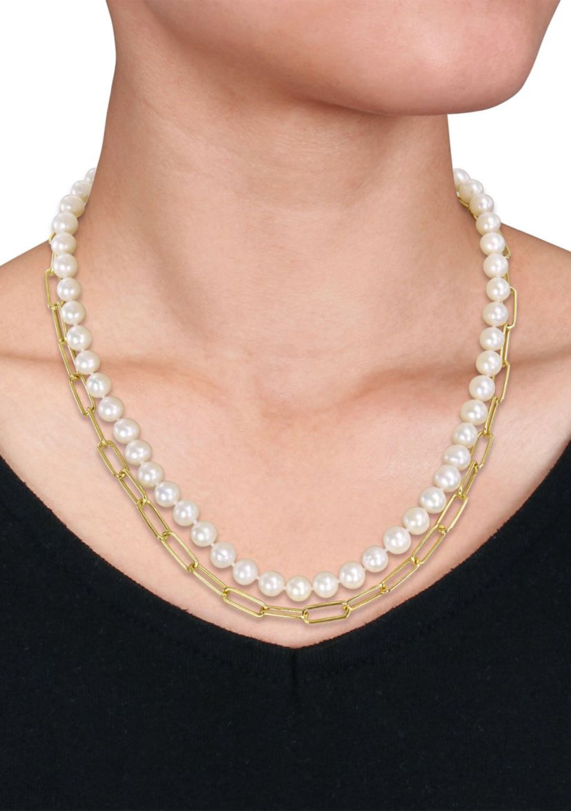 7-7.5 MM Cultured Freshwater Pearl and 5 MM Link Chain Layered Necklace in 18k Gold Plated Sterling Silver