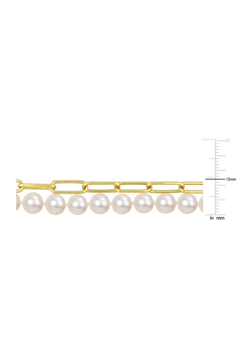 7-7.5 MM Cultured Freshwater Pearl and 5 MM Link Chain Layered Necklace in 18k Gold Plated Sterling Silver
