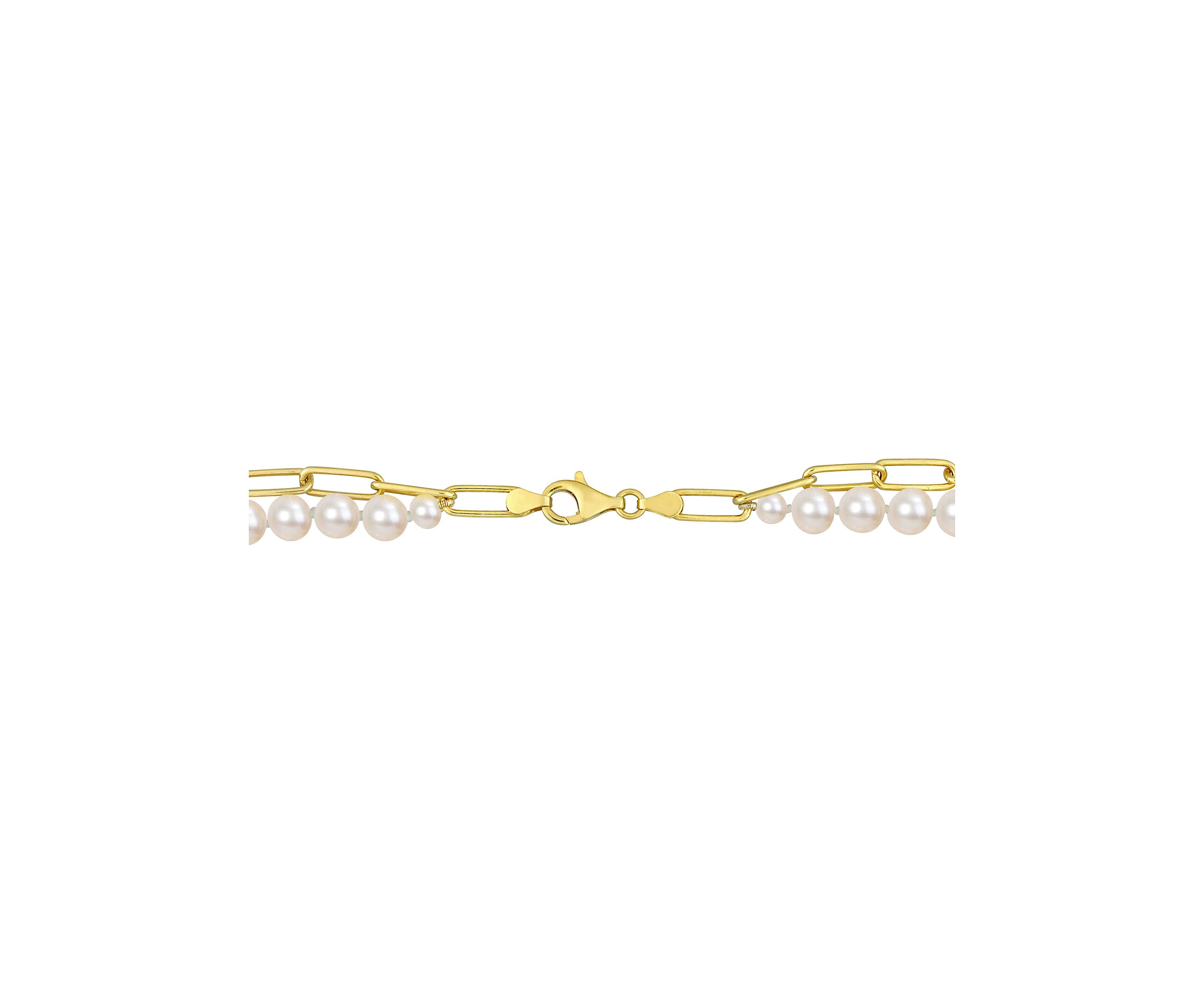 7-7.5 MM Cultured Freshwater Pearl and 5 MM Link Chain Layered Necklace in 18k Gold Plated Sterling Silver