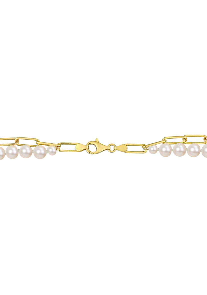 7-7.5 MM Cultured Freshwater Pearl and 5 MM Link Chain Layered Necklace in 18k Gold Plated Sterling Silver