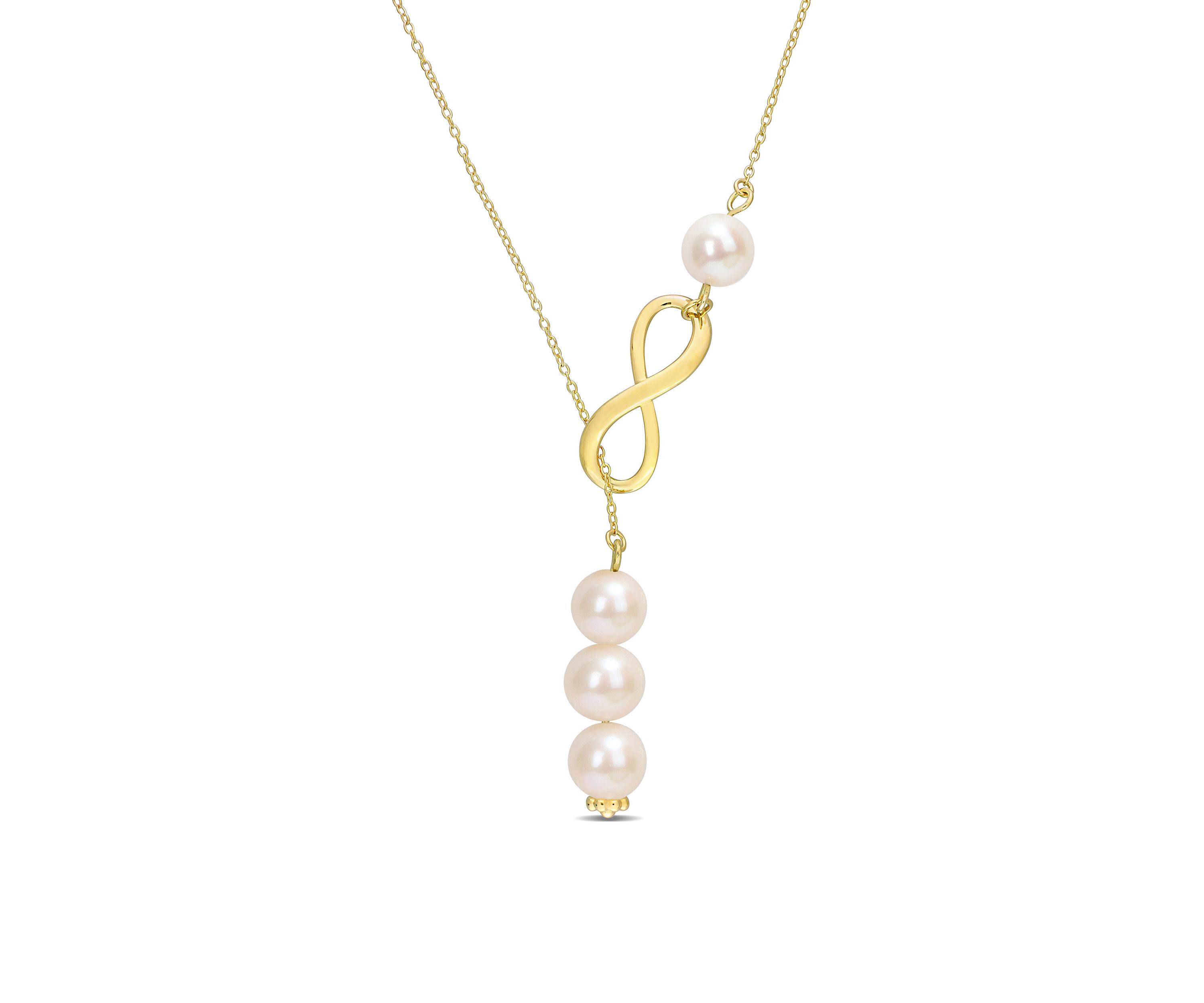 8-9mm Cultured Freshwater Pearl Infinity Lariat Necklace in 18k Yellow Gold Plated Sterling Silver