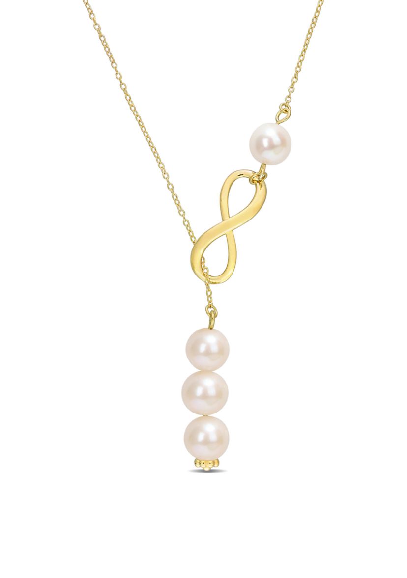 8-9mm Cultured Freshwater Pearl Infinity Lariat Necklace in 18k Yellow Gold Plated Sterling Silver