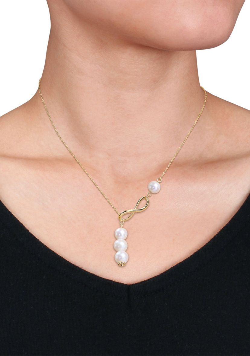 8-9mm Cultured Freshwater Pearl Infinity Lariat Necklace in 18k Yellow Gold Plated Sterling Silver