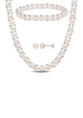Belk & Co 6-7mm & 7-8mm Cultured Freshwater Button Pearl Strand Necklace, Bracelet and Stud Earrings 3-Piece Set with Sterling Silver, White
