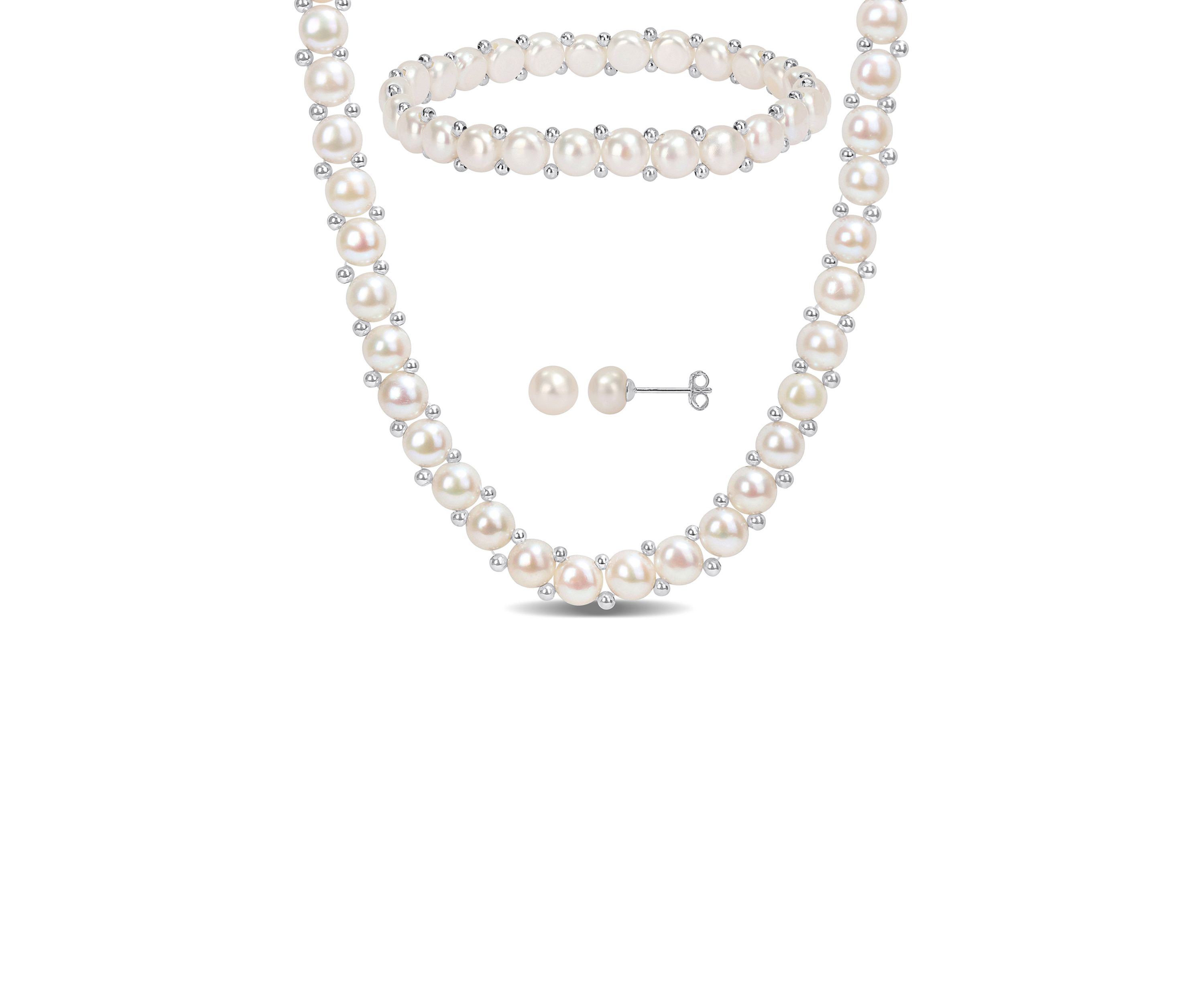 6-7mm & 7--8mm Cultured Freshwater Button Pearl Strand Necklace, Bracelet and Stud Earrings 3-Piece Set with Sterling Silver