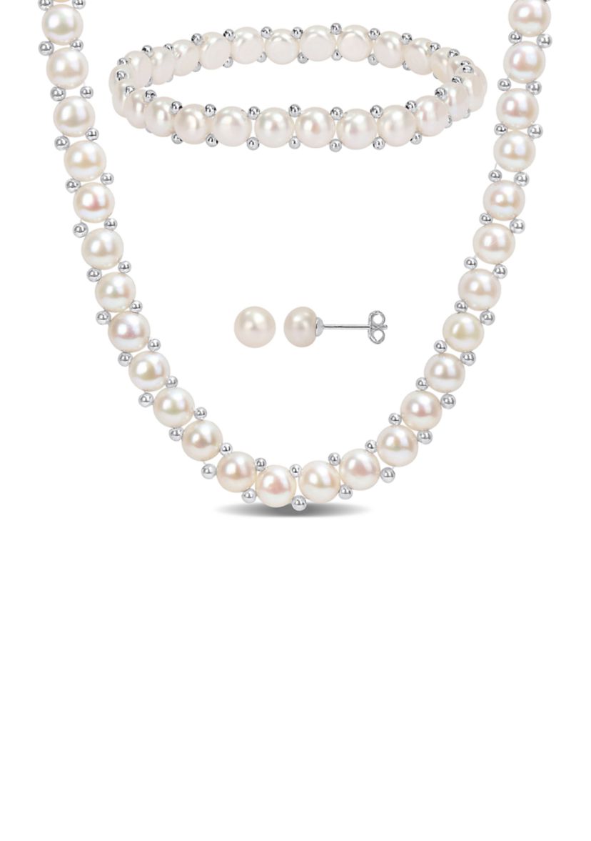6-7mm & 7--8mm Cultured Freshwater Button Pearl Strand Necklace, Bracelet and Stud Earrings 3-Piece Set with Sterling Silver