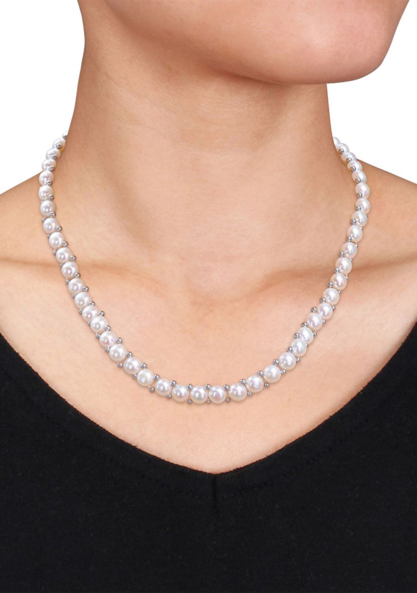 6-7mm & 7--8mm Cultured Freshwater Button Pearl Strand Necklace, Bracelet and Stud Earrings 3-Piece Set with Sterling Silver