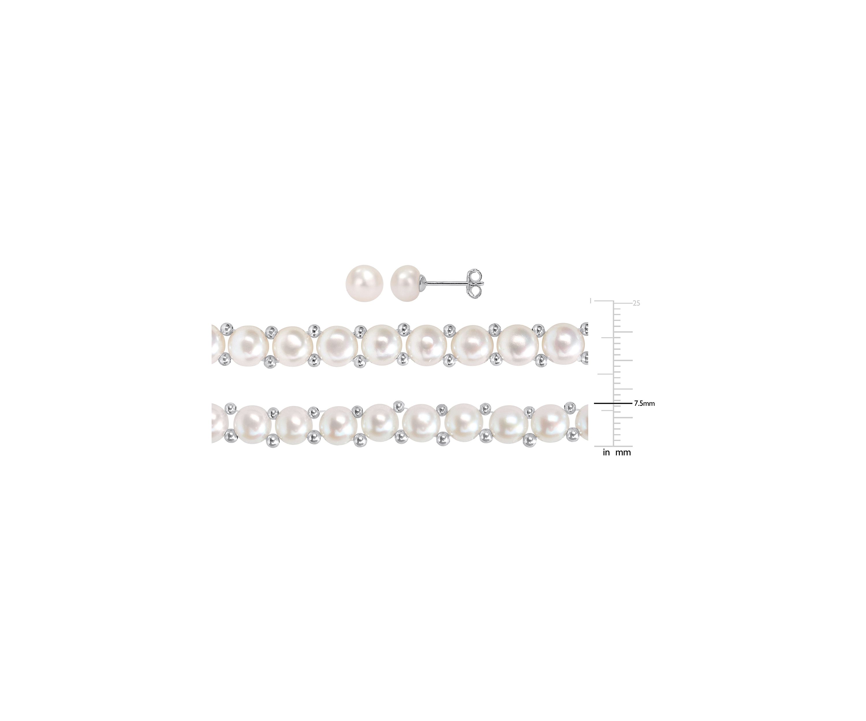 6-7mm & 7--8mm Cultured Freshwater Button Pearl Strand Necklace, Bracelet and Stud Earrings 3-Piece Set with Sterling Silver