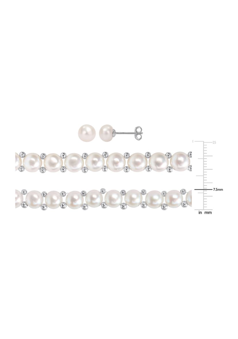 6-7mm & 7--8mm Cultured Freshwater Button Pearl Strand Necklace, Bracelet and Stud Earrings 3-Piece Set with Sterling Silver