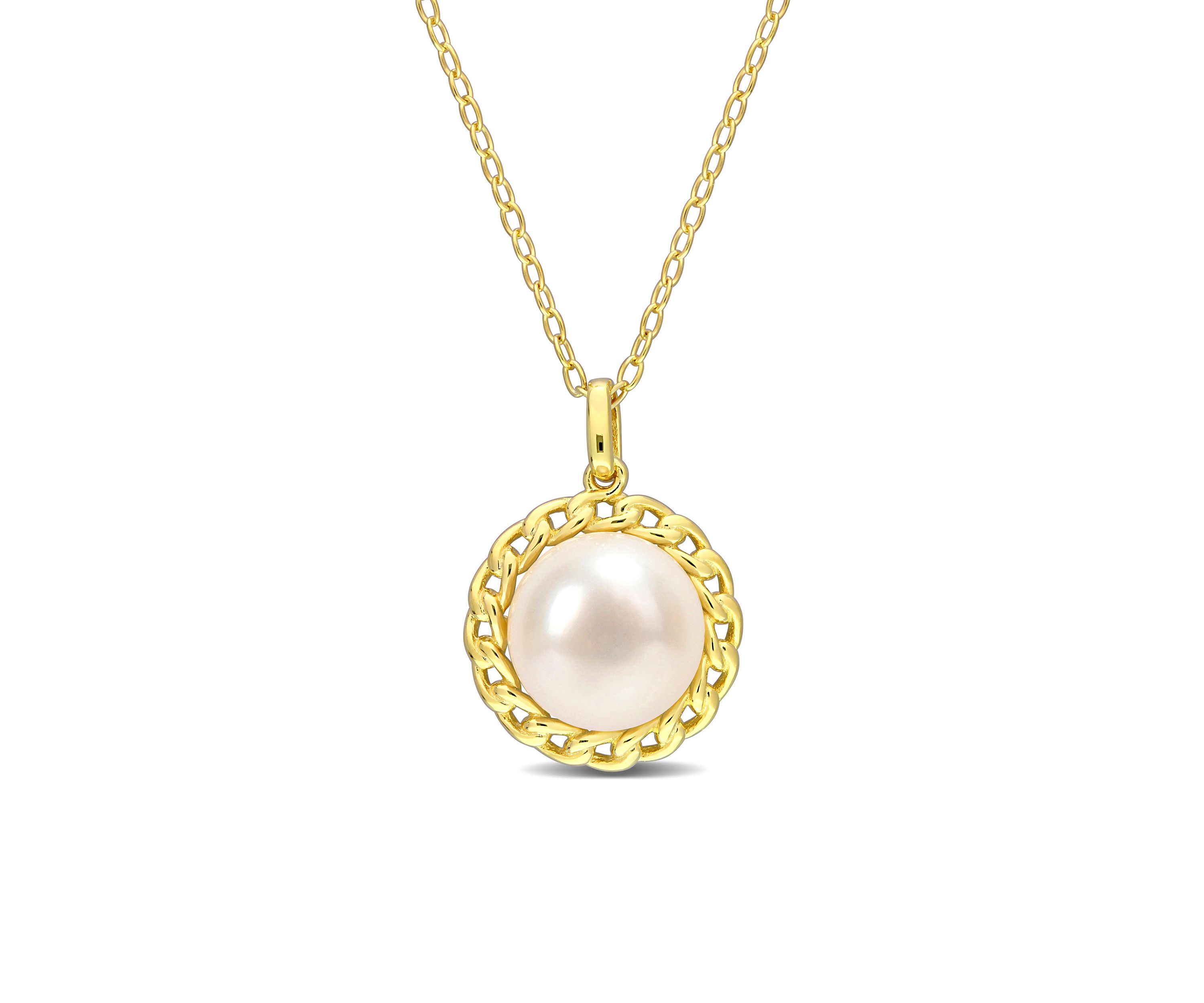9-9.5mm Cultured Freshwater Pearl Halo Link Pendant with Chain in Yellow Plated Sterling Silver