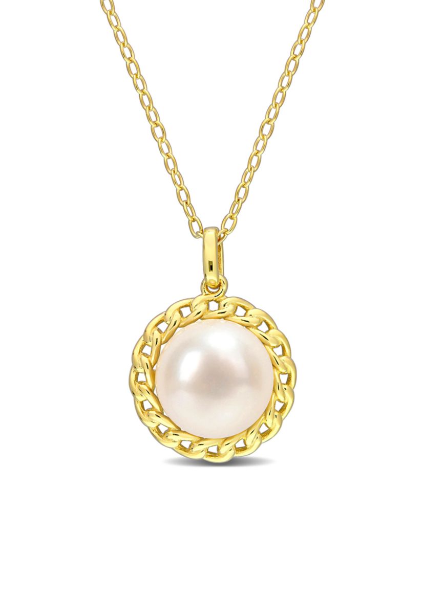9-9.5mm Cultured Freshwater Pearl Halo Link Pendant with Chain in Yellow Plated Sterling Silver