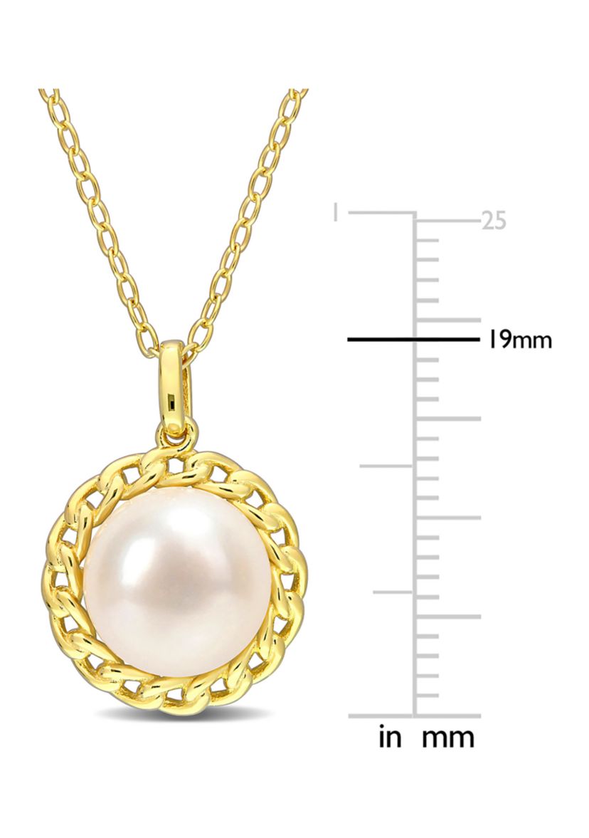 9-9.5mm Cultured Freshwater Pearl Halo Link Pendant with Chain in Yellow Plated Sterling Silver