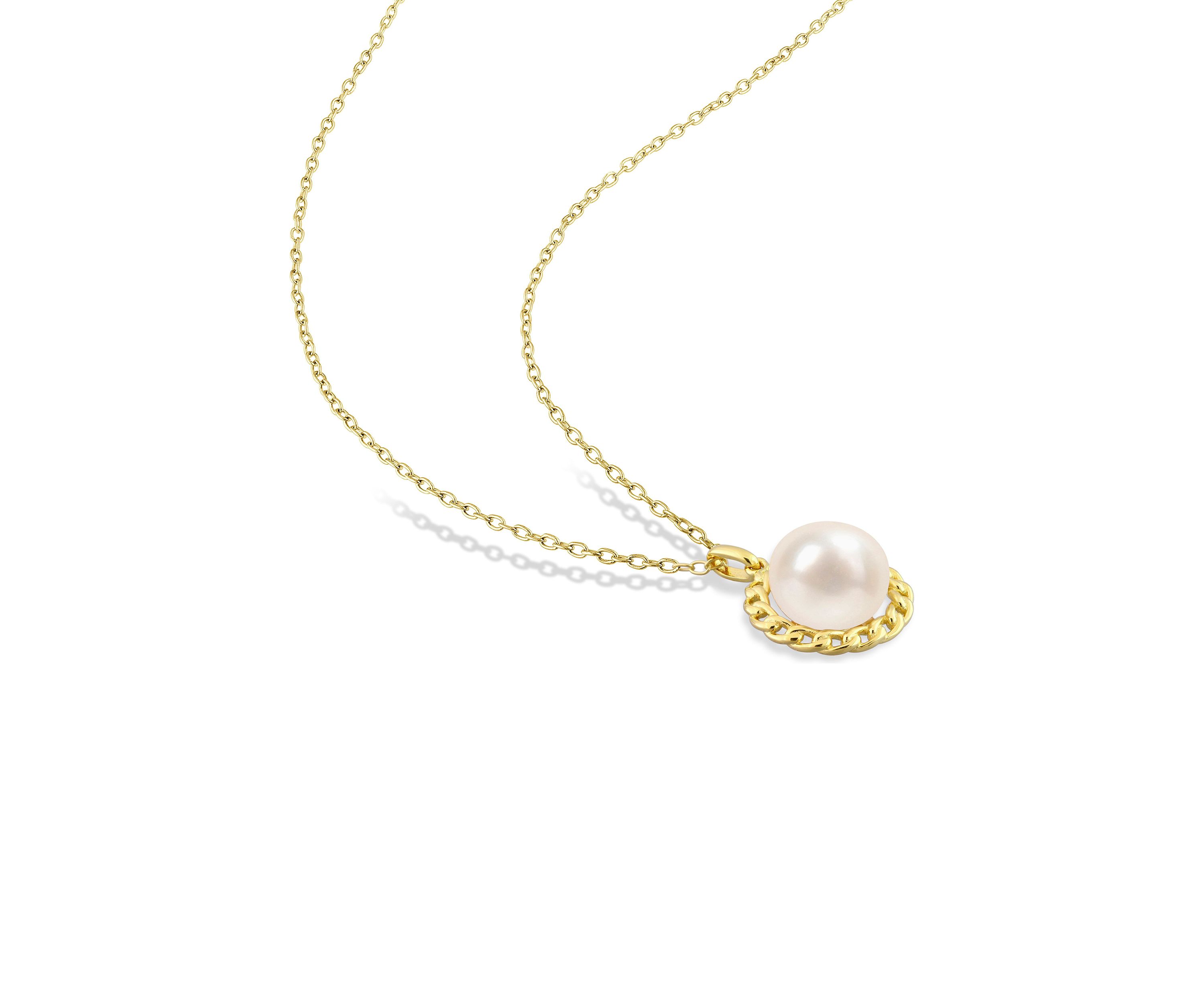 9-9.5mm Cultured Freshwater Pearl Halo Link Pendant with Chain in Yellow Plated Sterling Silver