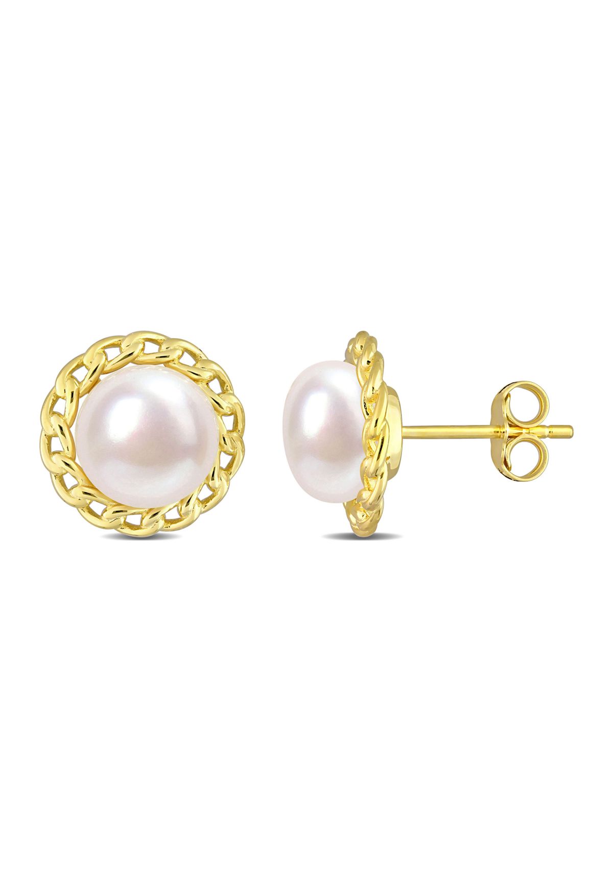 8-8.5mm Cultured Freshwater Pearl Halo Link Stud Earrings in Yellow Plated Sterling Silver